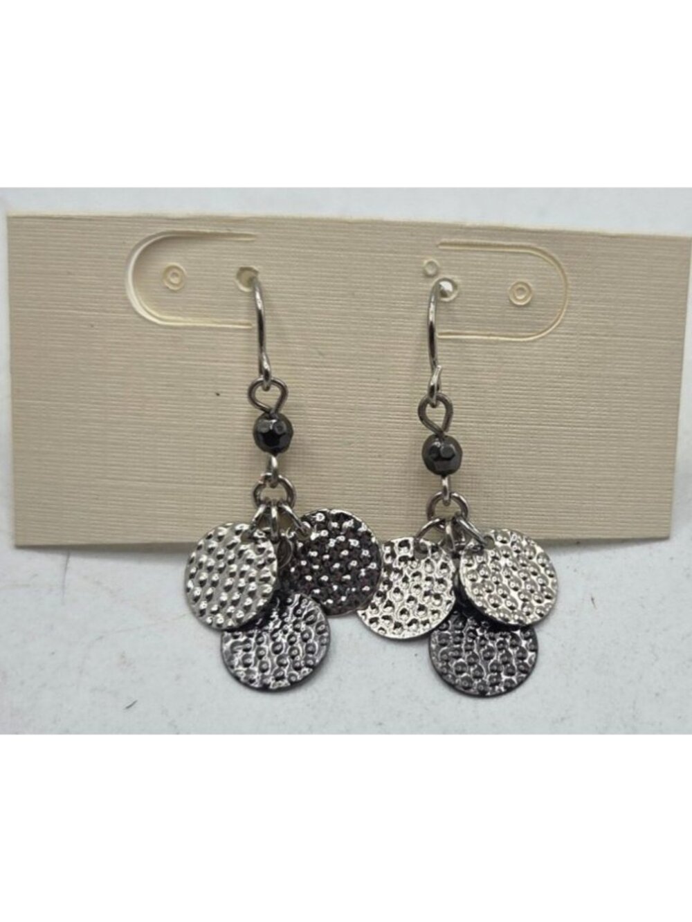 Hammered Silver-Tone Dangle Disc Earrings With Black Bead Accents